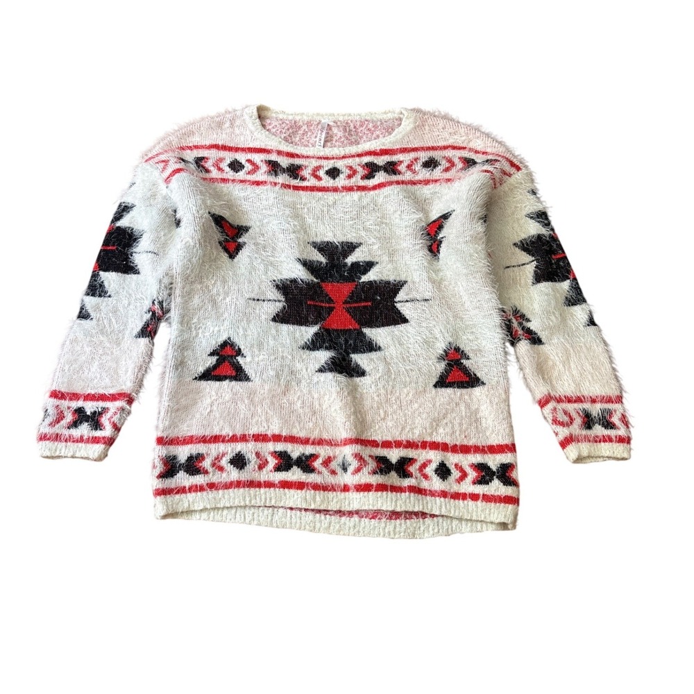 36point5 Sweater‎ Womens White Red Black Southwestern Eyelash Knit Boho SIZE S